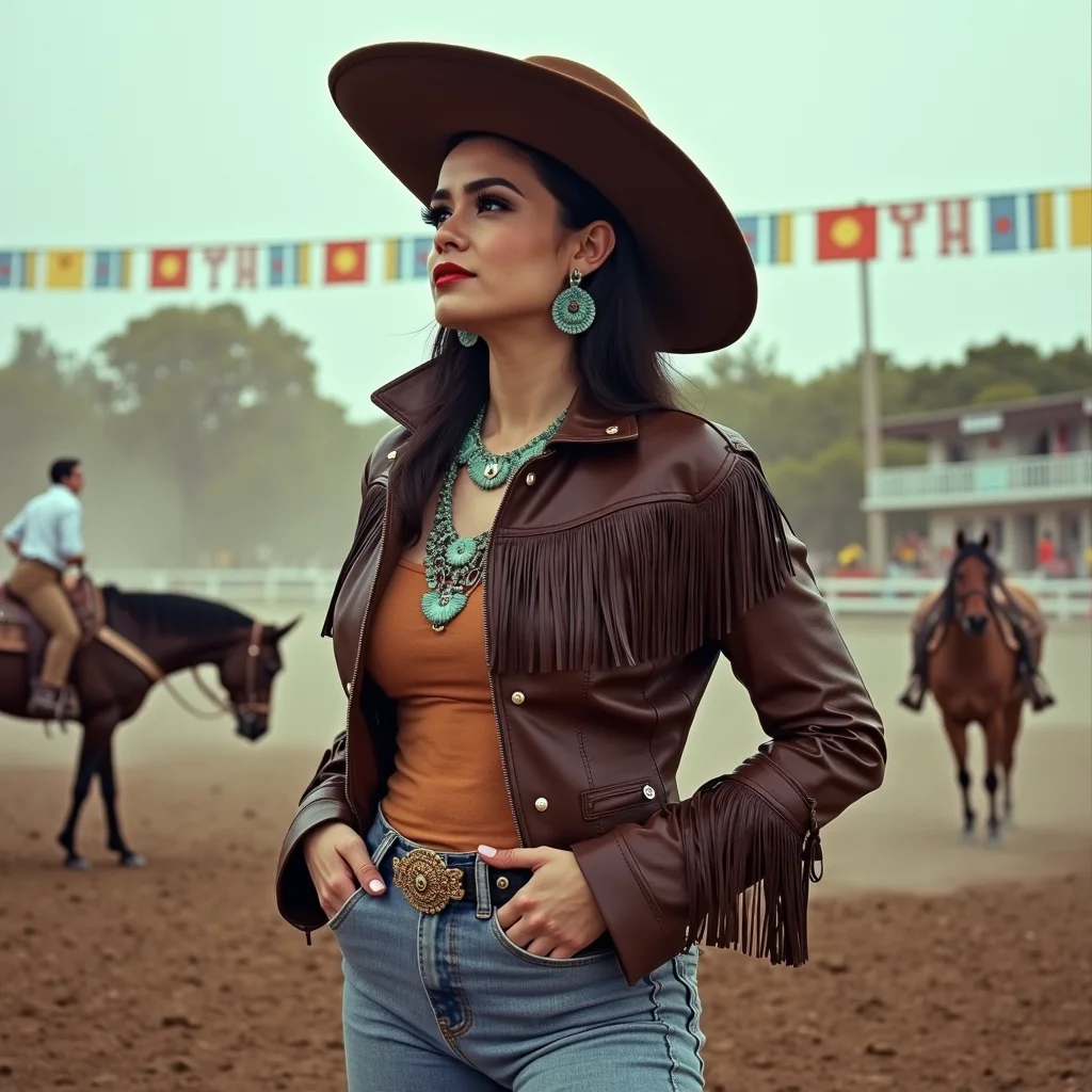 surrealist art analog film photo A woman in buchona style with modern ranchwear influence â leather fringe jacket, flared jeans, and turquoise jewelry â watches a jaripeo rodeo in a rural setting. Horses and dust in the background, with festive papel picado strung across the stands. Captured with a vintage Rolleiflex twin-lens reflex camera, square format, muted tones, high detail. A timeless portrait mixing rural traditions and modern fashion energy, dynami posing, <lora:buchonas v1:0.9> buch0nas . faded film, desaturated, 35mm photo, grainy, vignette, vintage, Kodachrome, Lomography, stained, highly detailed, found footage, RAW candid cinema, 16mm, color graded portra 400 film, remarkable color, ultra realistic, textured skin, remarkable detailed pupils, realistic dull skin noise, visible skin detail, skin fuzz, dry skin, shot with cinematic camera . dreamlike, mysterious, provocative, symbolic, intricate, detailed