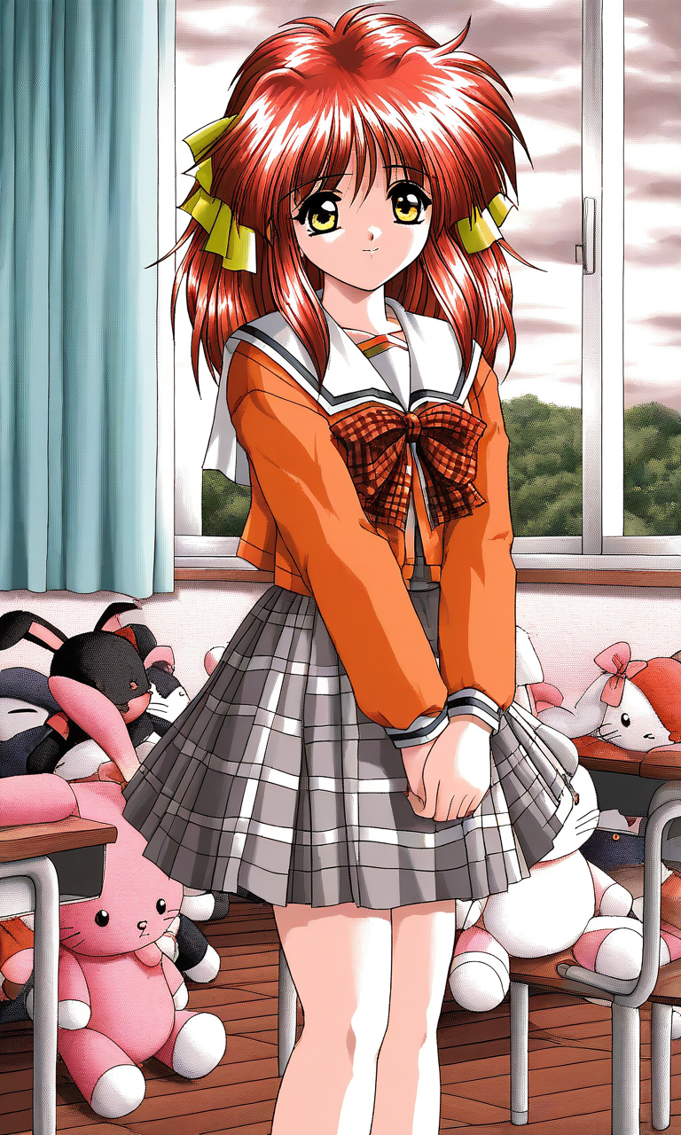 general,highres, ultra-detailed,very aesthetic,best quality ,best hands, BREAK <lora:Kisaragi_Hina_Akumu_AoiKajitsunoSange_IS:1>
Kisaragi_Hina, 1girl, solo, red hair,  medium hair, yellow eyes, hair ribbon, small breasts,
pink and black rabbit, stuffed toy, 
light smile, orange school uniform, ribbon, white+gray skirt, outdoors, v arms, check skirt, plaid bow, long sleeves, serafuku, School, class room, curtain.