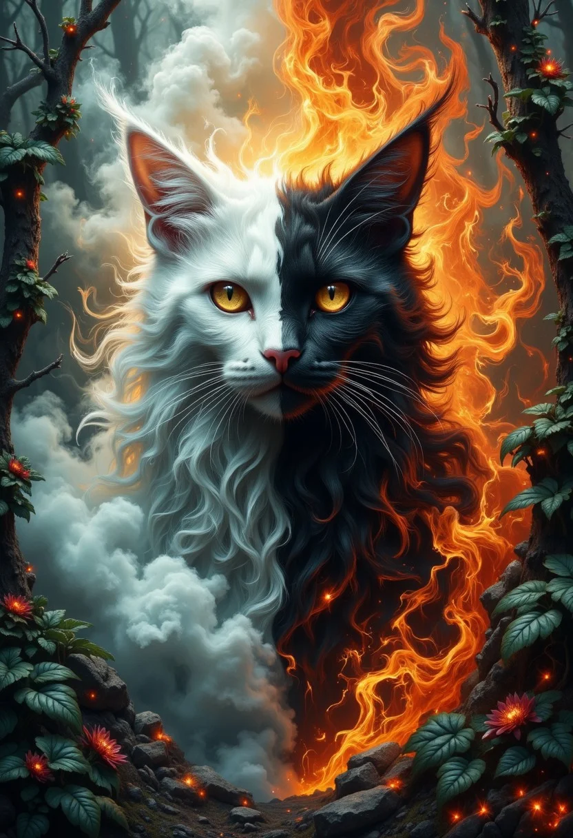 Highly detailed, left hand side white smoke and fog/right hand side lava fire and ashes highly cinematic, close-up image of a goddess cat over the fractal fog world, perfect composition, dark colours, green leaves, forest, lots of details, flowers, metallic ink, beautifully lit, fire and smoke, a fine art painting by drew struzan and karol bak, gothic art, dark and mysterious, ilya kuvshinov, russ mills