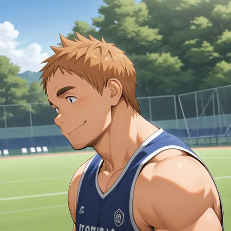 masterpiece,best quality,absurdres,newest,perfect quality,best quality,absolutely eye-catching,detailed background,intricate details,male focus,solo,Ishikawa EIKISHI, 1boy, Brown hair,black eyes, thick eyebrows, facial hair, muscular body,outdoors,soccer tank top, smile,
