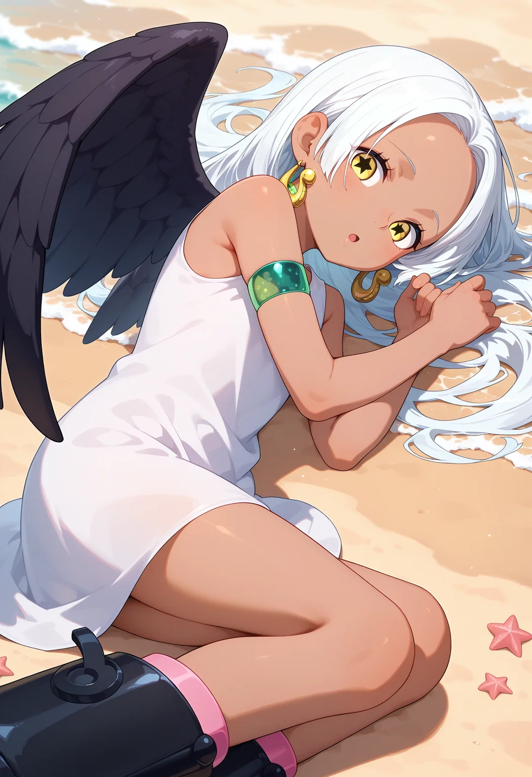best quality, masterpiece, aass, long hair, white hair, dark-skinned female, earrings, yellow eyes, star-shaped pupils, black wings, white dress, sleeveless, armlet, knee boots, black footwear, <lora:s-snake_ilxl_v1:0.9>, beach, on side, sitting, on floor, :o.