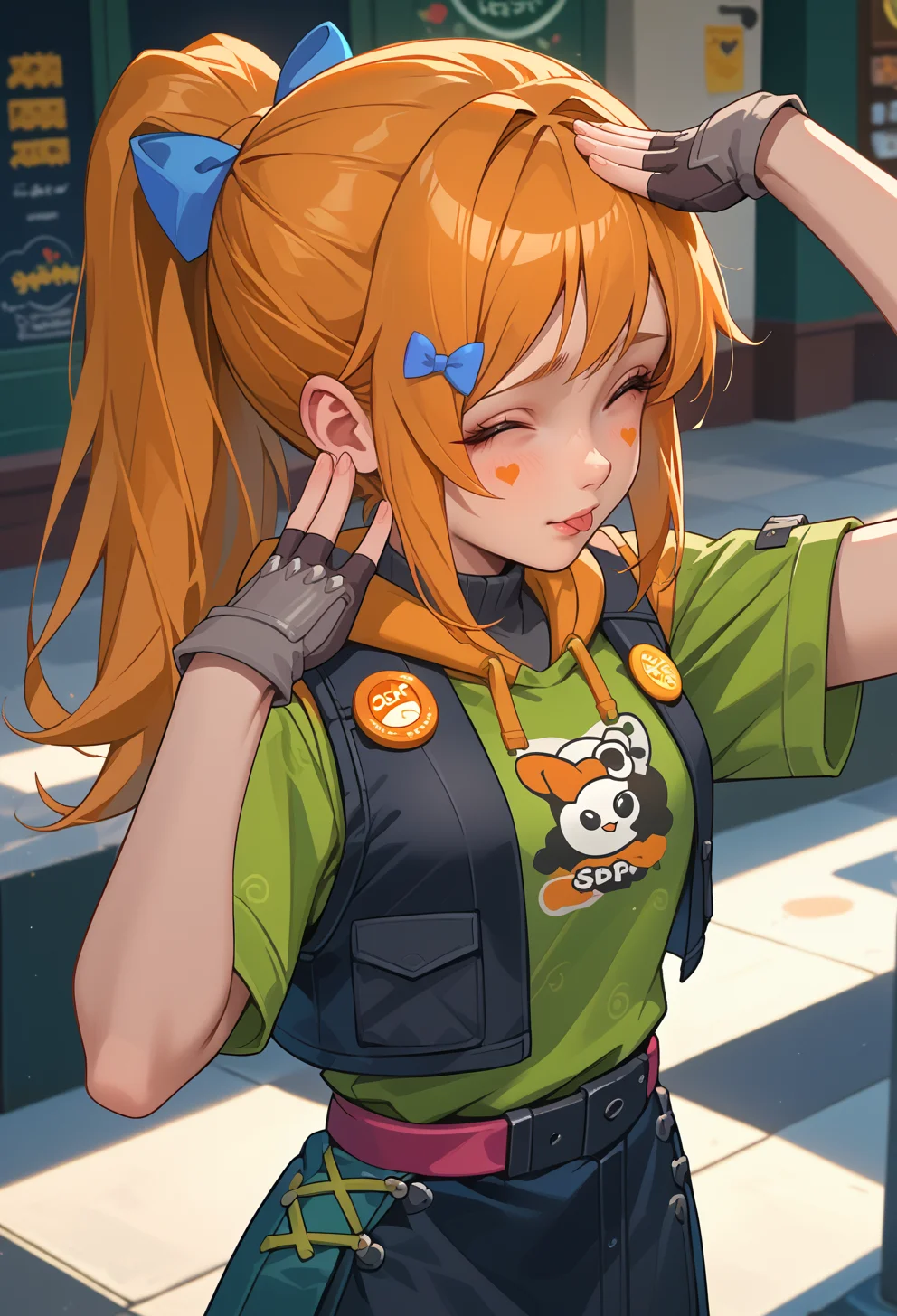 score_9, score_7_up, source_anime, BREAK <lora:AEHeddy:0.7> AEHeddy, orange eyes, orange hair, long hair, ponytail, sidelocks, facial mark, heart facial mark, hair bow, hair tie, hair clip, blue bow, white bow, hoodie, black skirt, black vest, green shirt, short sleeves, black gloves, fingerless gloves, grey gloves, apron, badge, red belt, long skirt, pink socks, black footwear, boots, <lora:AhEtoBlehMeme_pdxl_Incrs_v1:1> AhEtoBlehMeme, closed eyes, tongue out, :p, hands on own head, smile