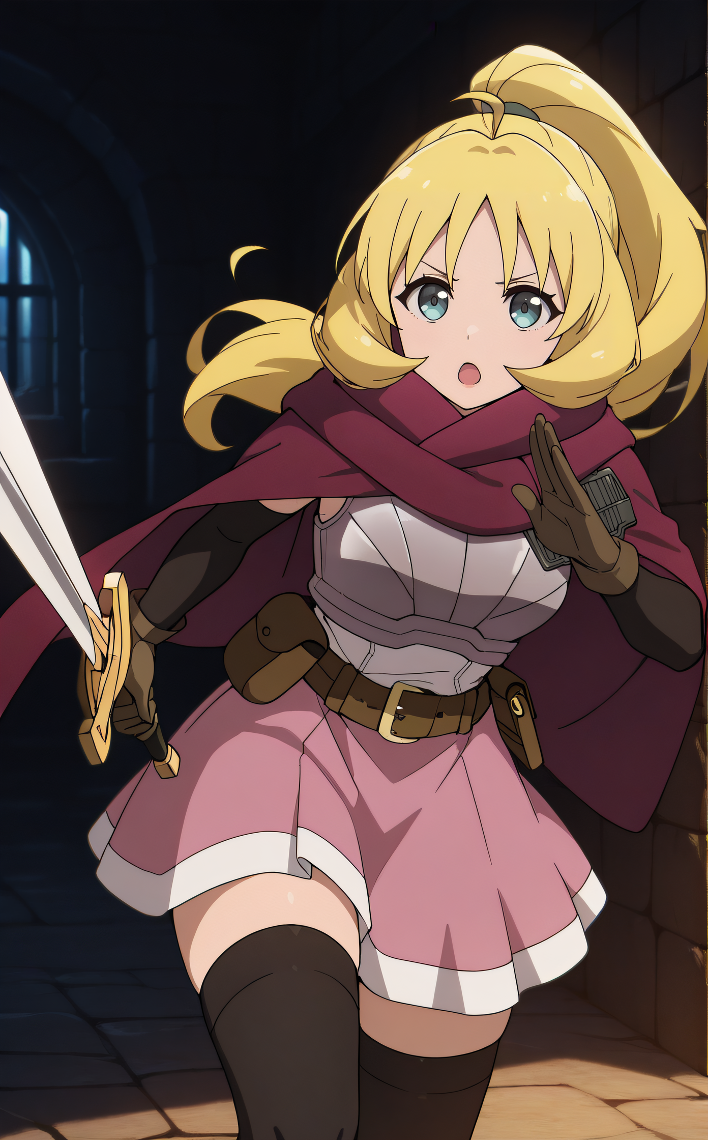 masterpiece, best quality, highres, newest, scenary, 1girl, solo, official style, <lora:IL_Rina_Rupaage:1>, rina, armor, burgundy cape, black sleeves, long sleeves, brown gloves, pink skirt, brown belt, brown pouch, black thighhighs, indoor, looking at viewer, sword, holding weapon, fighting stance, cowboy shot, five fingers, dungeon, open mouth, frown