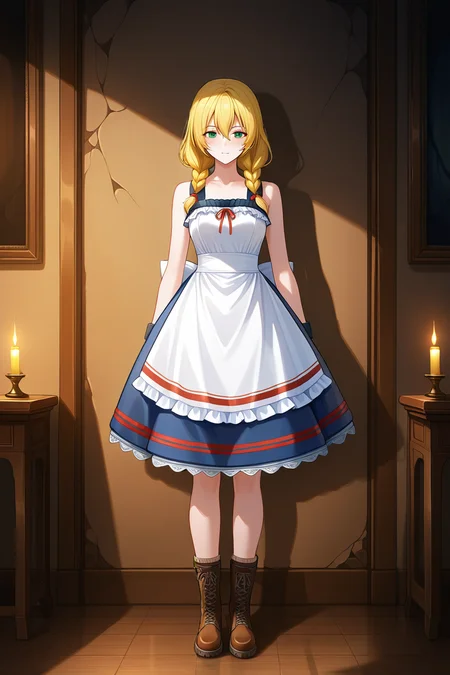 bloodstained floor, dimly lit room, wooden planks, cracked walls, shadowy corners, flickering candlelight, unsettling silence, horror ambiance, broken furniture, dramatic shadows
, masterpiece, best quality, amazing quality, newest,1girl,<lora:witch_viola:1>,Witch_viola,blonde hair,braid,green eyes,twin blaid,long hair,hair between eyes,viola_outfit,dress,sleeveless,bare shoulders,boots,brown footwear,sleeveless dress,white dress,apron,cross-laced footwear,frills,