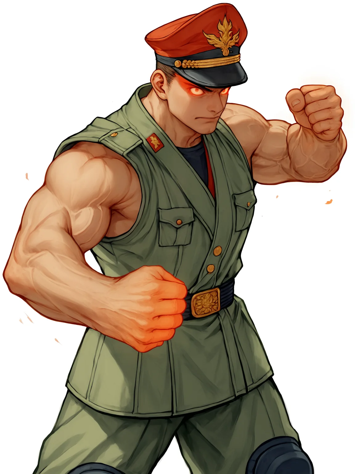 score_9, score_8_up, score_7_up, in kinu-sensei artstyle, 1boy, male focus, bulky body, muscular, veins, solo, hat, sleeveless uniform, military, red peaked cap, red uniform, armor, knee pads, cropped feet, glowing hands, blue flames, facing viewer, fighting stance, clenched fists, dynamic pose, white background, foreshortening,<lora:Kinu_Nishimura_Capcom_Style_LoRA_Pony-000010:0.75>