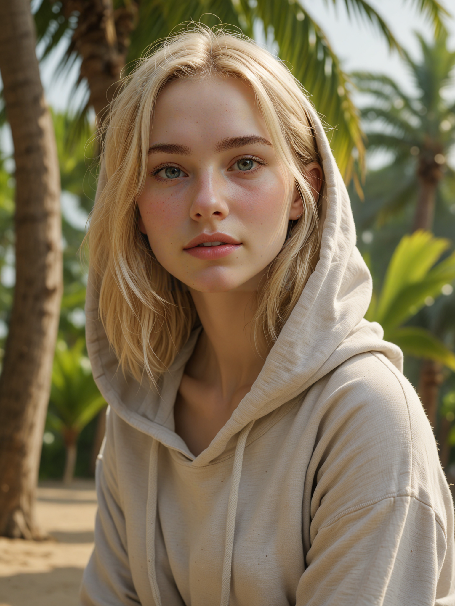 ( detailed realistic background:1),
( official art, beautiful and aesthetic:1 ),
realistic lighting,
cinematic lighting,
hyperrealism,
soothing tones,
muted colors,
high contrast,
soft light,
sharp,
artistic photoshoot,
( cute, petite:1.2 ),
slender,
european,
pale cheeks,
square face shape with angular jaw,
natural "no-makeup" makeup,
upturned rounded ass ,
senior,
platinum blonde hair ,
v-cut  ,
Profile Shot 
tropical island hammock relaxing under palm trees  ,
light rain with hazy sunlight  ,
starry sky  ,
hoodie T-shirt 
elastic waist bottoms 
ruffle sock 
 ,
Trembling, Horrified, cry, tears ,
looking at viewer,