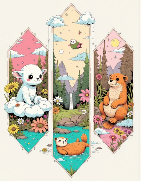 A triptych graphic illustration split into three equal geometric-shaped panels. Geometric asymmetrical division of a three-part artwork that fluidly showcases three unique fictitious creatures: a fluffy cloud sprite, a tiny forest guardian, and a playful sea otter. The cloud sprite panel features an adorable creature made of soft, white fluff with pastel blue accents, floating among whimsical clouds. The forest guardian panel features a small, chubby creature with oversized ears, a green leafy body, and sparkling amber eyes, surrounded by vibrant flora. The playful sea otter panel features a charming otter with a shiny, golden-brown coat and bright, curious eyes, floating on its back in crystal-clear water with a playful turquoise theme. An overall whimsical, neo-seventies story arc with muted colors represents each creature's lore and identity.
<lora:Glitchcore_Flux:0.4> gl1tchc0re <lora:Darkcore:0.4> darkcore <lora:Poisoncore Flux:0.4> poisoncore <lora:creepcute-000001:0.5> cr33p <lora:Dieselcore:0.3> d1eselc0re