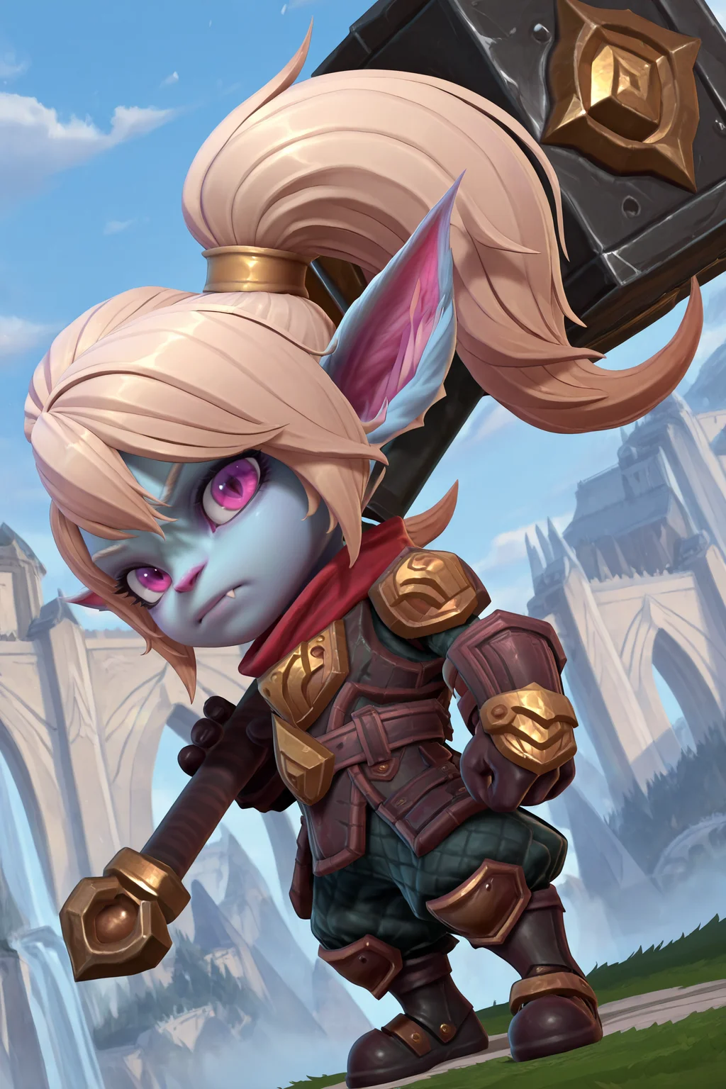 <lora:OMS_Poppy:1> 2d, anime screencap, 1girl, solo, oms_poppy, furry, yordle, big head, single fang, pink eyes, blue fur, pigtails, colored skin, pointy ears, animal ears, armor, holding, hammer,
looking at viewer, serious,
amazing quality,very aesthetic,absurdres,newest, BREAK depth of field, blurry background, dutch angle, dynamic angle, white outline, lens flare,
outdoors,
from side,