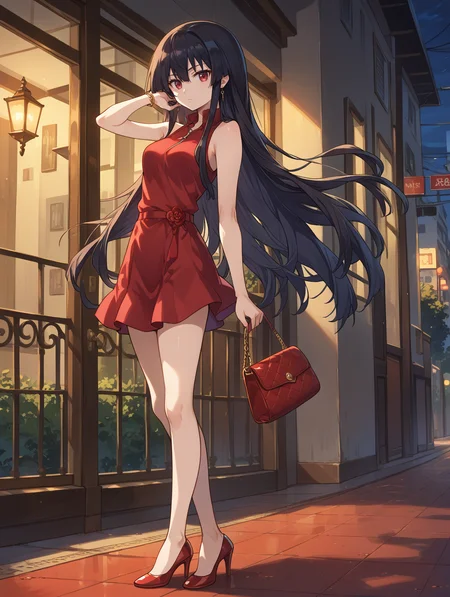 score_9, score_8_up, score_7_up,source_anime,BREAK,
akame_akame_ga_kill, expressionless, looking at viewer, standing, evening,
red dress, sleeveless, short dress, high heels, handbag,
<lora:akame_akame_ga_kill:1>