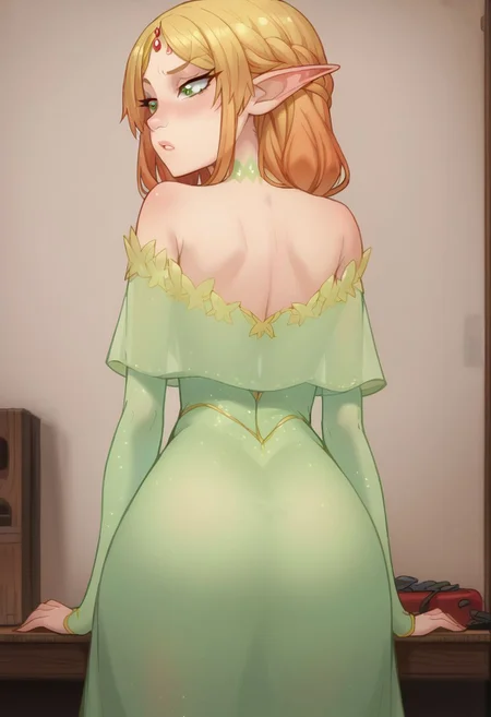 score_9, score_8_up, score_7_up, score_6_up, score_5_up, score_4_up, best quality, masterpiece, uncensored, long hair, blonde hair, green eyes, pointy ears, , multicolored hair, forehead jewel,elf, dress,,1girl,solo ,view from behind