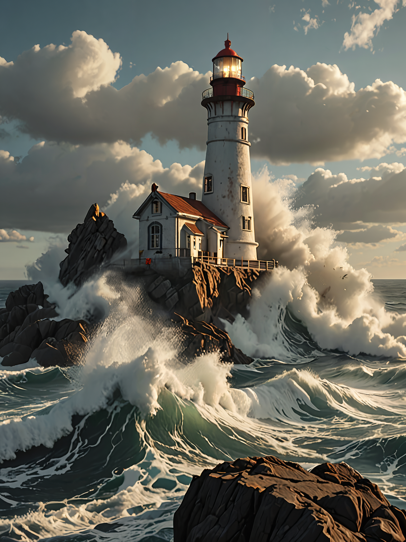 photo realistic picture waves pounding a light house on a rock in the middle of the ocean,  <lora:add-detail-xl:1> 8k, masterpiece, dramatic lighting