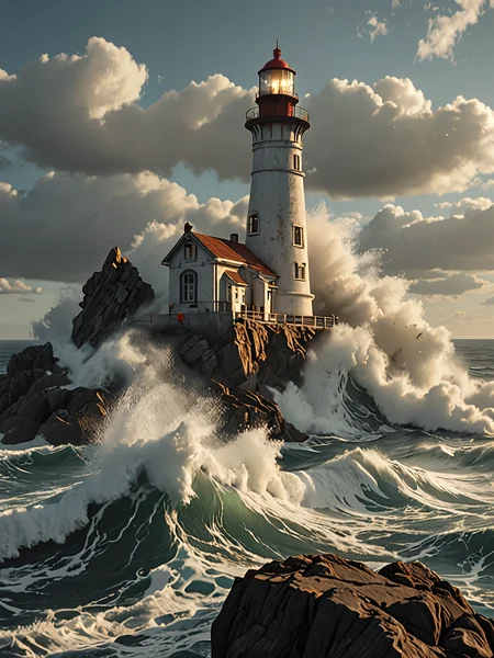 photo realistic picture waves pounding a light house on a rock in the middle of the ocean, <lora:add-detail-xl:1> 8k, masterpiece, dramatic lighting
