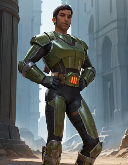 masterpiece, best quality, newest, perfect quality, intricate details, detailed background, male focus, realistic, solo, <lora:SWTOR - Rass Ordo - Illustrious-000005:0.7> rass_ordo, 1boy, black hair, sideburns, dark skin, brown eyes, breastplate, shoulder armor, body suit, wrist bracers, gloves, belt, pants, armored knee boots, hands on own hips, looking at viewer, contrapposto, outdoors