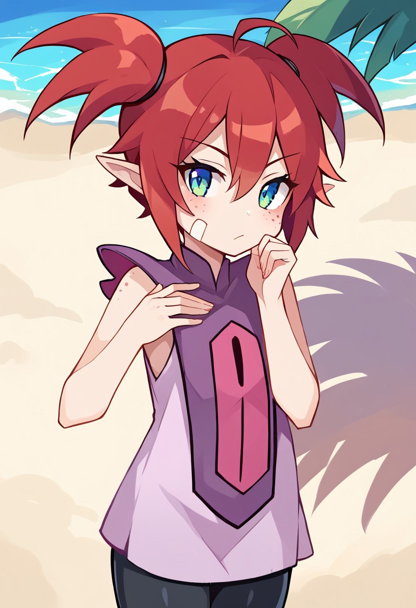score_8, score_8_up, score_7_up, 1girl, female focus, solo, DQB_DT, red hair, antenna hair, short twintails, sidelocks, pointy ears, hair between eyes, freckles, bandaid on cheek, looking at viewer, sleeveless dress, pink dress, purple capelet, black leggings, cowboy shot, looking at viewer, curious, thinking, hand on own chin, outdoors, beach, ocean, palm tree
