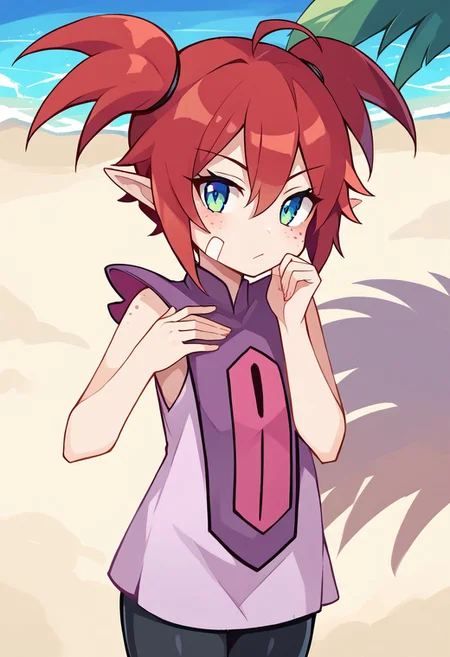 score_8, score_8_up, score_7_up, 1girl, female focus, solo, DQB_DT, red hair, antenna hair, short twintails, sidelocks, pointy ears, hair between eyes, freckles, bandaid on cheek, looking at viewer, sleeveless dress, pink dress, purple capelet, black leggings, cowboy shot, looking at viewer, curious, thinking, hand on own chin, outdoors, beach, ocean, palm tree