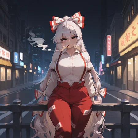 masterpiece, very aesthetic, best quality, high detail, 1girl, solo, solo female, feet out of frame, looking at viewer, fujiwara no mokou, large breasts, curvy, outdoors, city streets, night, relaxed, smoking cigarette, red eyes, white hair, very long hair, hair bow, white bow, white shirt, long sleeves, suspenders, red pants