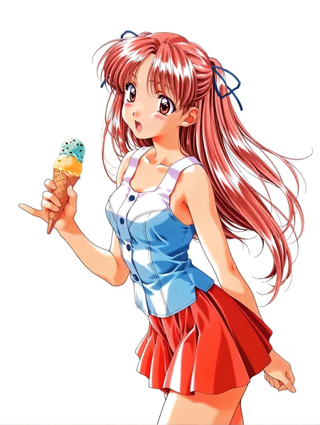 masterpiece,best quality,newest,
1girl,solo,
<lora:sawatari_honoka_ilxlv1.5:1>,s_honoka,pink hair,hair ribbon,two side up,long hair,brown eyes,
simple background,white background,<lora:Fixhands_anime_bdsqlsz_V1:1>,
skirt,food,ice cream,ice cream cone,open mouth,holding,1990s (style),holding food,blush,cowboy shot,red hair,pleated skirt,red skirt,sleeveless,