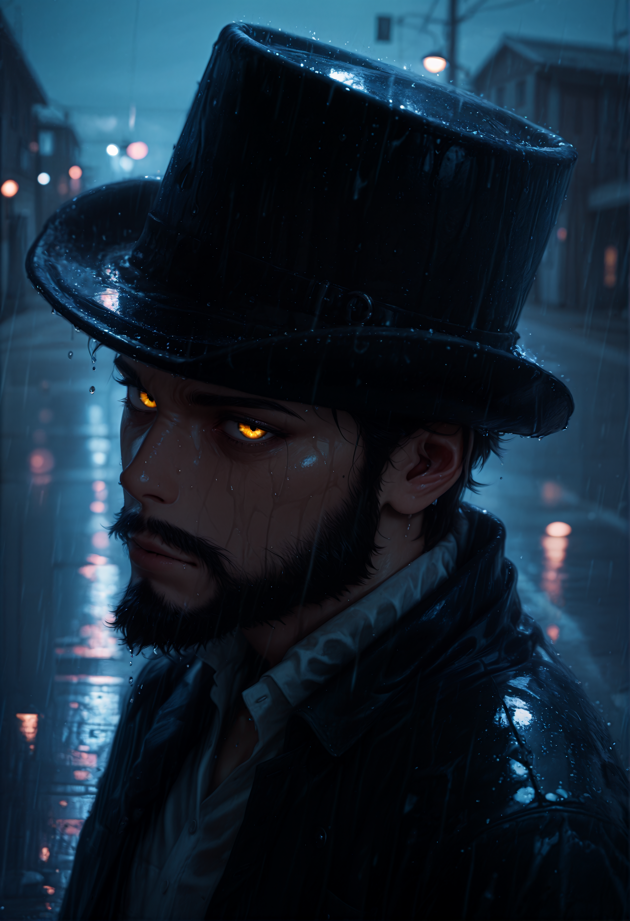 agm-illu, jh-illu, watercolor, lldn, detailed drawing, masterpiece, best quality, good quality, newest, highres, cinematic, volume light, limited palette, night street background, 1man, beard, stovepipe hat, looking at viewer, close up, black clothes, evil, glowing yellow eyes, black eyeliner, closed mouth, rain, wet street,