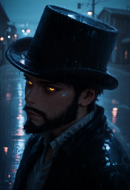 agm-illu, jh-illu, watercolor, lldn, detailed drawing, masterpiece, best quality, good quality, newest, highres, cinematic, volume light, limited palette, night street background, 1man, beard, stovepipe hat, looking at viewer, close up, black clothes, evil, glowing yellow eyes, black eyeliner, closed mouth, rain, wet street,