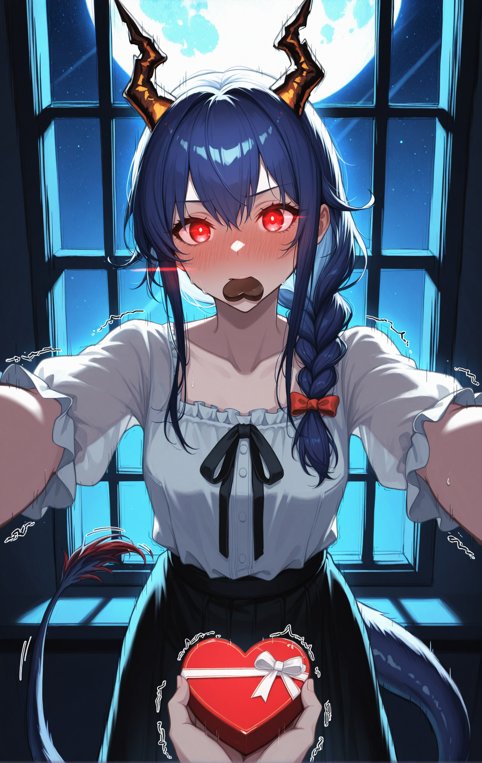 masterpiece, (ultra detailed), sharp details, 1girl, ch'en \(arknights\), alternate hairstyle, holding heart-shaped chocolate in mouth, collarbone, blouse, long skirt, close up, full-face blush, long braid, hair bow, kabedon on viewer, kabedon, dark, single light source, dim lighting, glowing eyes, window, huge full moon, detailed moon, moonlight, light blue light rays, soft lips, gold trim, lace trim, solo, scenery, shaking tail, beautiful detailed clothes, dark blue theme, starry sky, dramatic light,  <lora:DarkerThanDarkIllustriousV1:0.6> , <lora:add-detail-xl:0.6> , <lora:re4lity0.9> re4lity_sync_illu, <lora:Rokudaime_Illu_Edition:0.6> RD-Illu,