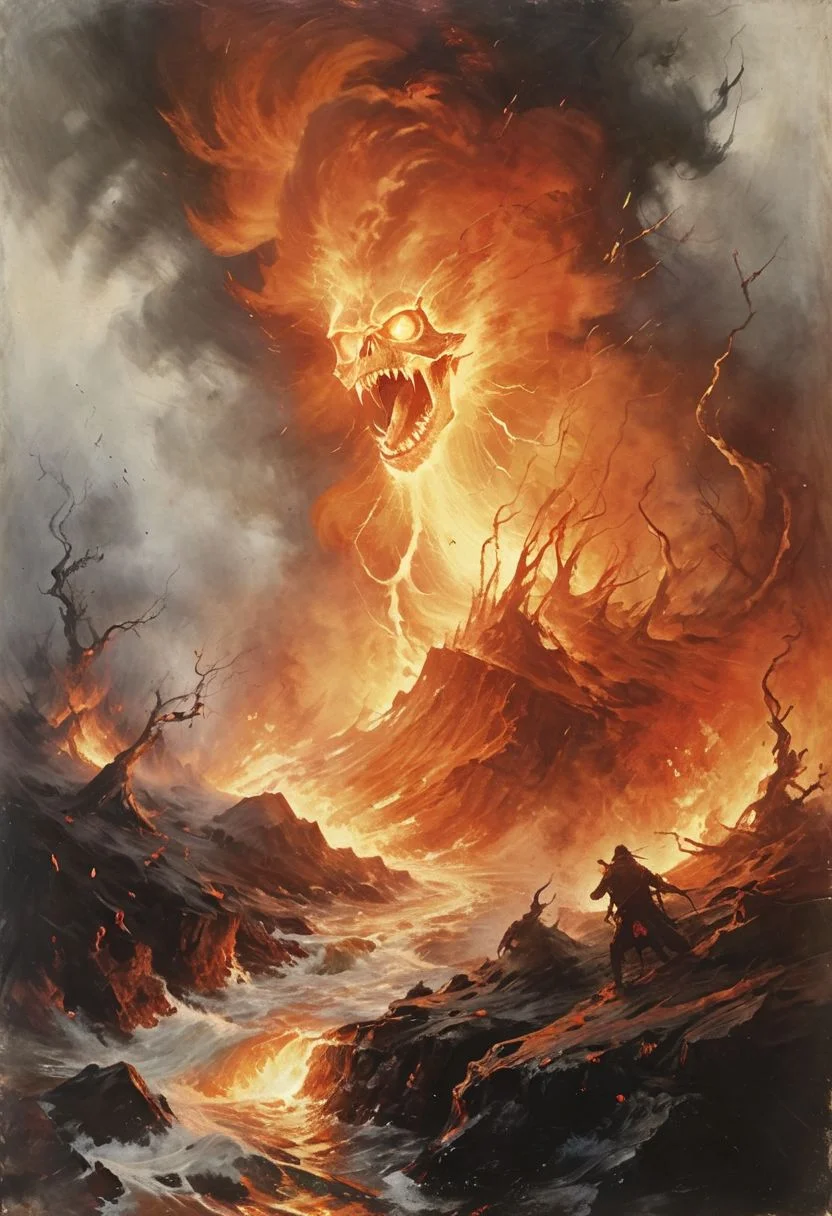, masterful painting in the style of Anders Zorn, fire (skeleton:0.4) elemental rising from the (magma) ocean in whirlwind of fire element and air, volcano, burning jungle