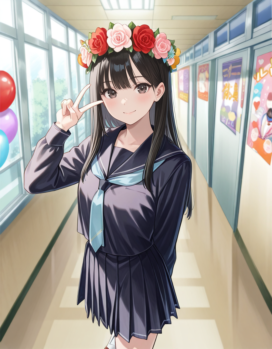 score_9, score_8_up, score_7_up, anime, solo, 1girl, one girl,
Black hair, (chest length hair:1.2), Straight Hair, bangs, one tucked behind ear, black eyes, feature large highlight, feature double highlights, shaped eyeblow,
sensitive,
<lora:bunkasai-000005:1>, bunkasai, School Festival,
multiple girls, school uniform, necktie, serafuku, head wreath, pleated skirt, indoors, hallway, uwabaki, window, neckerchief, flower, balloon, black serafuku, black shirt, school, school hallway, poster (object), v,
(masterpiece:1.3), best quality, high resolution, unity 8k wallpaper, (illustration:1.2), 8K,