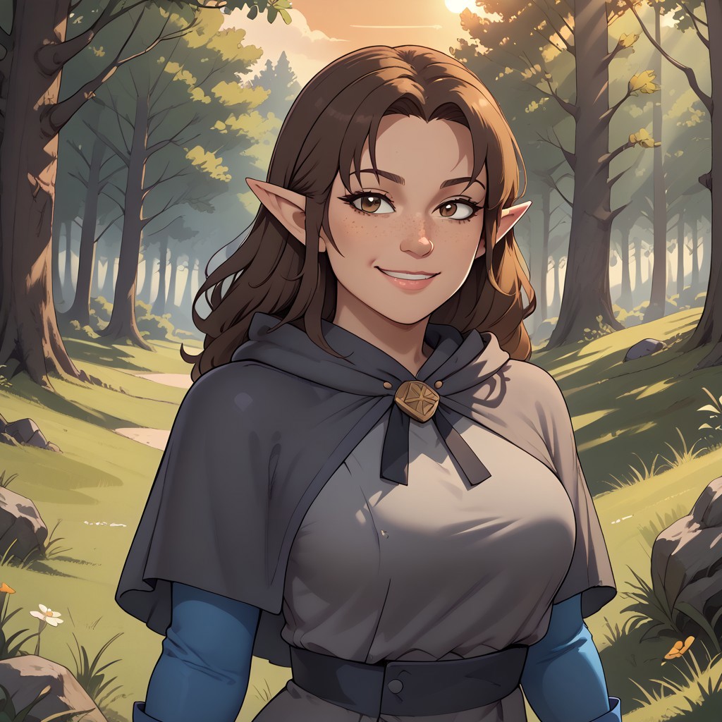 score_9, score_8, BREAK, Bo, pale cream skin, dark brown eyes, freckles, brown shoulder-length hair, pointy ears, blue sleeves, blue leggings, hexside uniform, grey tunic, hooded capelet, adult female, mature female, breasts, sexy pose, self portrait, smile, outdoors, sunlight, shadows, evening lighting, natural lighting, forest, trees, grass, orange sky, sunset