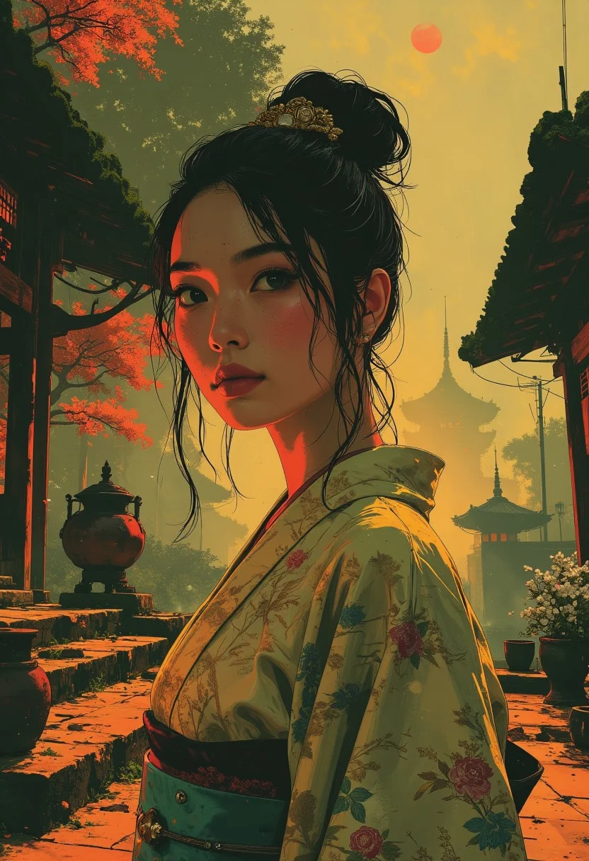 "A serene portrait of a young Asian woman, her porcelain skin glowing in dawn light, hazel eyes reflecting calm confidence beneath thick lashes. Silky black hair is swept into a *negayama* updo, secured by a gold *kanzashi* adorned with mother-of-pearl sakura petals and coral beads, accented by amethyst-tipped pins. She wears a brocade kimono—creamy base woven with gold threads—featuring chrysanthemums and peonies in golden ochre and blush hues. A turquoise obi cinches her waist, embroidered with a dragon whose scales shift from azure to gold, its folds casting soft shadows.
Behind her, a Heian-era garden unfolds: a moss-covered pavilion with lattice-filtered sunlight frames the scene. To her left, a crimson *chojin* lantern casts fiery reflections on stone steps; to her right, ceramic pots hold white camellias, dewdrops glistening on emerald leaves. Maple trees with garnet foliage surround a mist-veiled pagoda, while sakura petals dot a dark veranda. Lighting blends dawn’s soft rays with the lantern’s warm glow, contouring her silhouette. Hazy atmosphere mutes contrasts, highlighting textures—glimmering gold threads, the obi’s iridescent embroidery, dewdrops on petals. Timeless harmony prevails, uniting Heian architecture, nature, and adornment in refined balance. Details: photorealistic textures, cinematic lighting, traditional Japanese aesthetics, ethereal ambiance, cultural symbolism, vivid gradients.