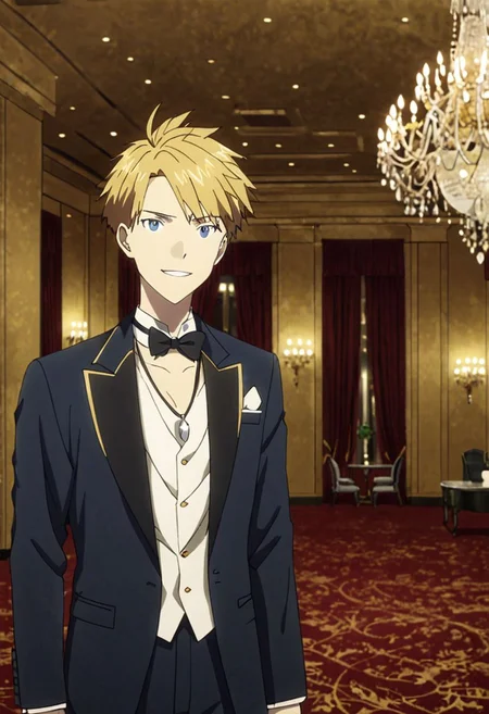high resolution, professional photography, best quality, 1Boy, Yamato Ishida, blond hair, deep blue eyes, necklace, ballroom, luxury hotel, tuxedo, smile, mysterious, confident, rich, OverallDetail