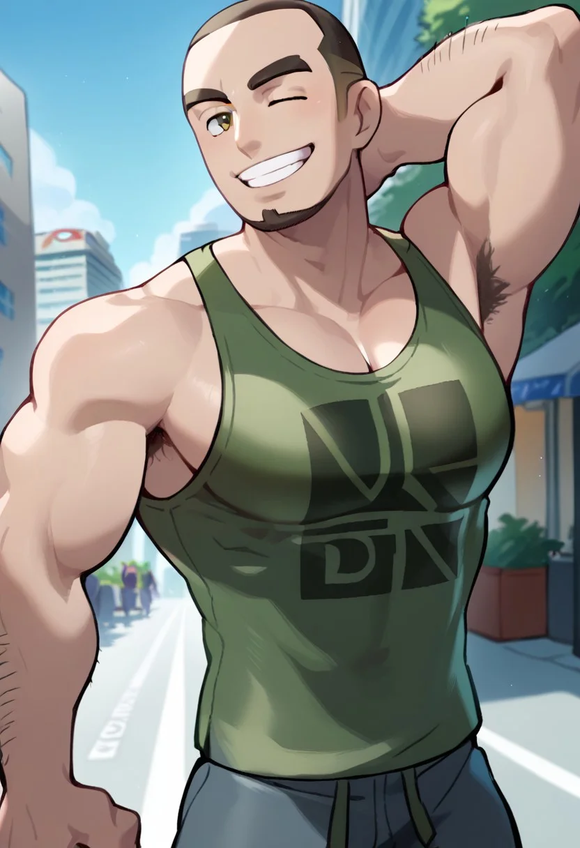 txt2img
score_9, score_8_up, score_7_up, source_anime, highly detailed, big pecs, male focus, 1boy, sideburns, standing, muscular, city background, Expressiveh, hands behind head, looking at viewer, city background, wink, teeth, smile
POKEMON_BuffGuy, hairy arms, buzz cut, goatee, big pectorals, brown hair, facial hair, thick eyebrows
green tank top with black accents, demin tight pants,
pokemon