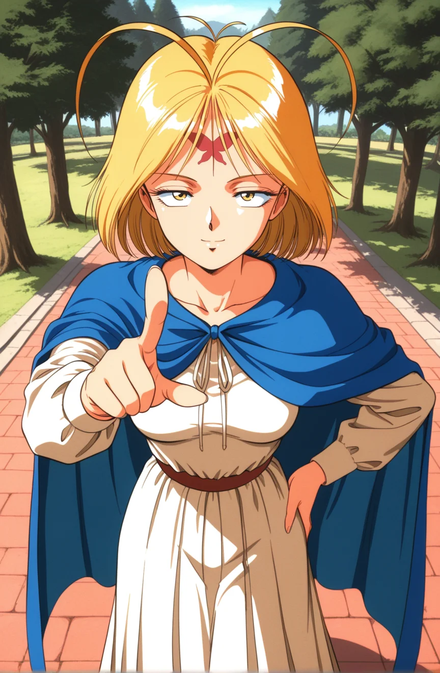 1girl,kznk1sidnpaf1o,retro artstyle,1990s \(style\), solo,sanpaku, constricted pupils,yellow eyes,half-closed eyes   , antenna hair,blonde hair, short hair,red_butterfly_forehead_mark,facial mark,medium breasts,blue cape,long sleeves,long skirt,white dress,outdoors,,tree,park,fantasy,pov ,looking at viewer,,,light smile ,,hand on own hip ,pointing  ,,from above ,best quality,masterpiece,sensitive ,  <lora:KazenokishidanPafioNoobAI2:1>