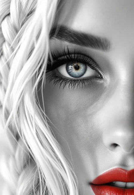 black and white sketch in simple pencil, close-up portrait, chic, beautiful, long white hair in lush braids, red lips, long black eyelashes, bright gray-blue eyes, eye detail, clarity, vivid colors, chiaroscuro lighting, intricate details, hyper-detailed, hyper-realistic, professional photoshoot