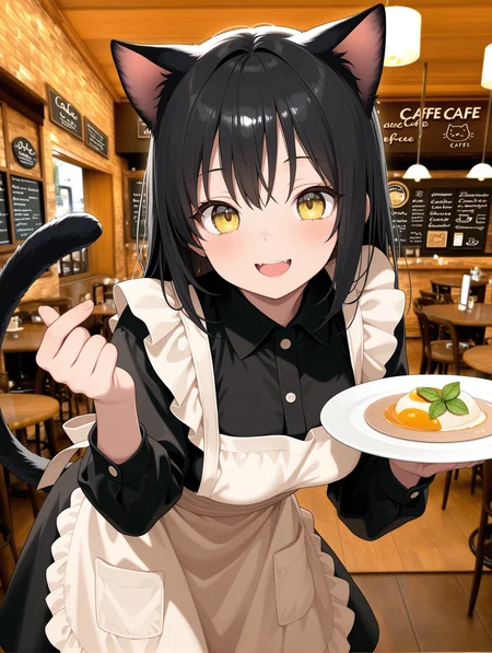 1girl, waitress, apron dress, cat ears, open smile, yellow eyes, black hair, cat tail, cafe, leaning forward, holding plate, photo background, beckoning,
,masterpiece,best quality,amazing quality,