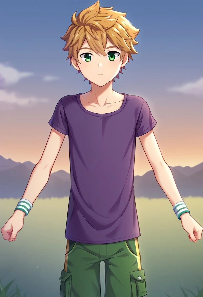connor, blond hair, bangs. green eyes, short hair, camp buddy, boy, wear dark purple shirt, solo, young, small body, white half pants, outdoor, sunny day, clear sky, proportional body, (balance body:1.20), strong leg, handfixer