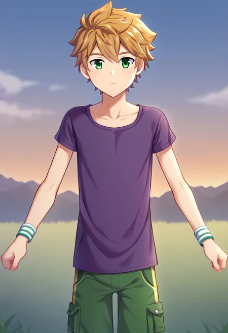 connor, blond hair, bangs. green eyes, short hair, camp buddy, boy, wear dark purple shirt, solo, young, small body, white half pants, outdoor, sunny day, clear sky, proportional body, (balance body:1.20), strong leg, handfixer