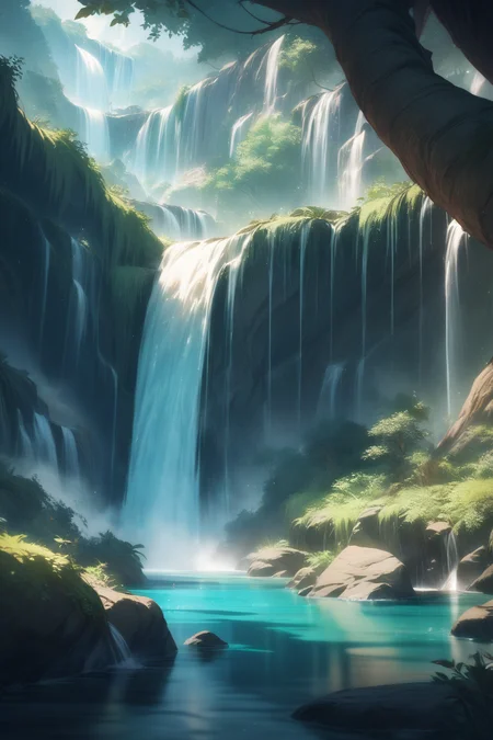 nature, water, waterfalls, fantasy land, no humans, masterpiece, best quality