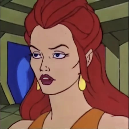portrait of lara croft,long brown hair and earrings, filmation motu style