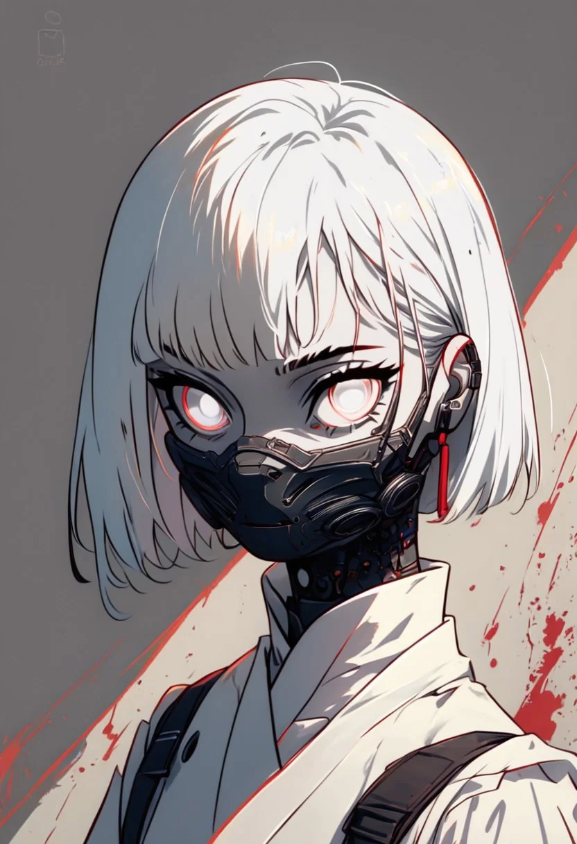 (score_9, score_8_up), score_7_up, zPDXL, 1girl, white hair, short hair, white eyes, looking at side,mouth mask, white kimono, abstract background, film grain, <lora:Sinozick_Style_XL_Pony:1>, sinozick style,