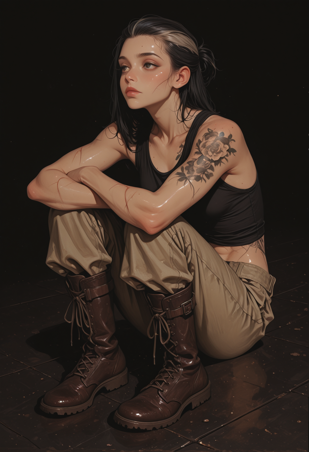 masterpiece,best quality,amazing quality,32k,ultra detailed,  BREAK,
1girl,silo, skinny, athletic,black hair, hair slicked back, varnished hair, fit, slight abs, relief musculature, small perky breasts, black tank top, loose tank top, khaki pants, hard boots, scars, tattoos, mercenary,
sits on the floor, knees up, resting pose, arm leans on knee, look away, 
simple background, dark background, dark theme, portrayal illustration, handpainted sketch art,
artist:moriimee, icjournals,7481llu,
 <lora:MoriiMee_Gothic_Niji_Style_Illustrious_r1:0.4> <lora:Incase_New_Illust:0.25>   <lora:748cm_illu:0.5>  <lora:reij-rt:0.8> <lora:Detailer_NoobAI_Incrs_v1:0.8> <lora:DetailedEyes_V3:0.8> <lora:add-detail-xl:0.8> <lora:detailed_hands:0.7> <lora:NOOB_vp1_detailer_by_volnovik_v1:0.3>