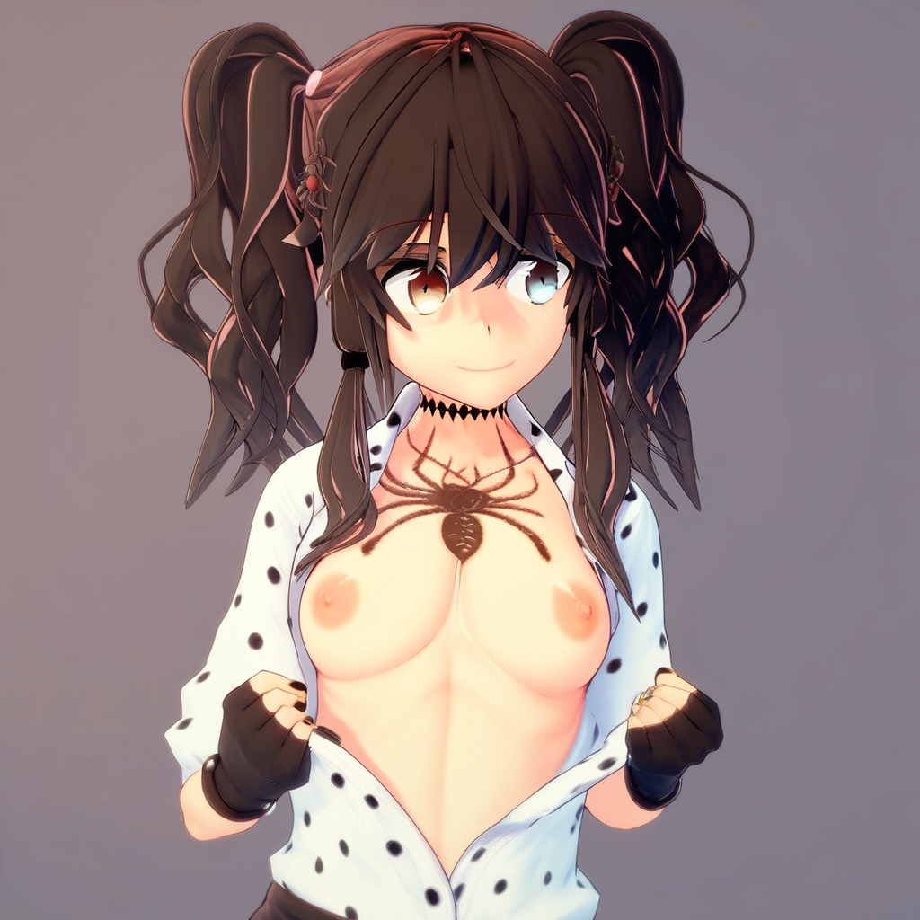 score_9, score_8_up, score_7_up, score_6_up, score_5_up, score_4_up, BREAK kaori_kadowaki, nipples, heterochromia, breasts, 1girl, uncensored, fingerless gloves, blue eyes, gloves, open clothes, black nails, smile, open shirt, nail polish, shirt, long hair, twintails, collarbone, jewelry, medium breasts, choker, hair ornament, tattoo, black gloves, closed mouth