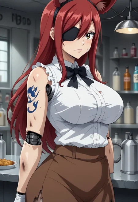 score_9, score_8_up, 1girl, solo, indoors, Laboratory background, Lab gear, erza scarlet transforming into withered foxy,
erza scarlet, long hair, red hair, hair between eyes, brown skirt, shirt, bow, boots, sleeveless, sleeveless shirt, tattoo, white shirt, frills,,plump, bbw, big ass,
Withered_FoxyFNAF, , animal ears, yellow eyes, torn clothes, no humans, robot, withered body, damaged, animatronic, joints, endoskeleton, left hook hand, eyepatch on left eye,