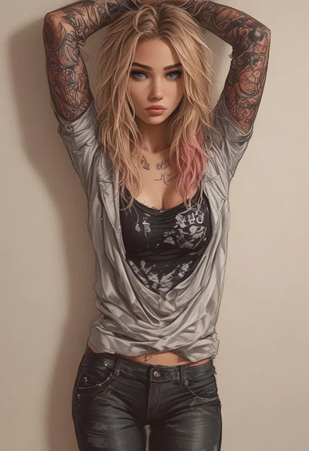 score_9, score_8_up, score_7_up, Best quality, masterpiece, cb_girl, 1girl, solo,
22 years old, gwen stacy , short blonde hair with pink highlights, blue eyes, casual clothes, cleavage exposed,
tattoo, long hair, looking at viewer, arms up, arm tattoo, against wall, cleavage, blue eyes, blonde hair, cowboy shot,