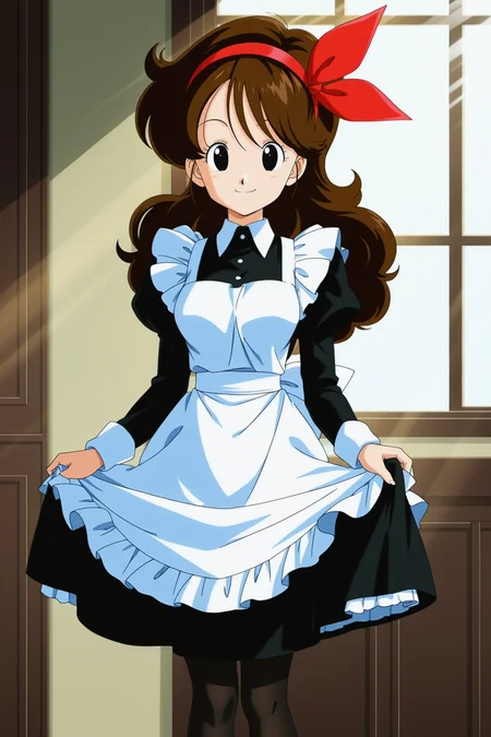 anime screencap, absurdres, high quality, official style,
launch good, official style, 1girl, solo, long hair, breasts, looking at viewer, smile, brown hair, black hair, long sleeves, bow, pantyhose, red hairband, puffy sleeves, black eyes, apron, black dress, black pantyhose, maid, feet out of frame, white apron, maid apron, skirt hold, light rays, window, dappled sunlight,
<lora:Launch_IL:0.8>