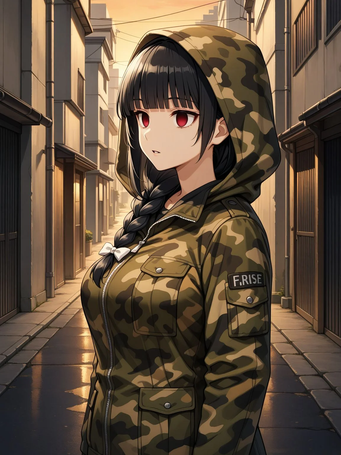 1girl,solo,<lora:Kurose_tokiko_Illustrious_V1.0:0.9>,kurosetokiko,breasts,large breasts,red eyes,empty eyes,long hair,black hair,blunt bangs,hair over shoulder,braid,single braid,white bow,hair ribbon,hair bow,standing,parted lips,hood,camouflage,coat,upper body,jacket,hood up,road,building,street,outdoors,evening,