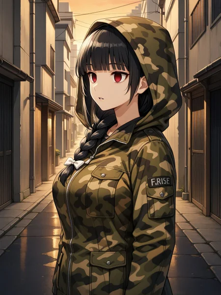 1girl,solo,<lora:Kurose_tokiko_Illustrious_V1.0:0.9>,kurosetokiko,breasts,large breasts,red eyes,empty eyes,long hair,black hair,blunt bangs,hair over shoulder,braid,single braid,white bow,hair ribbon,hair bow,standing,parted lips,hood,camouflage,coat,upper body,jacket,hood up,road,building,street,outdoors,evening,