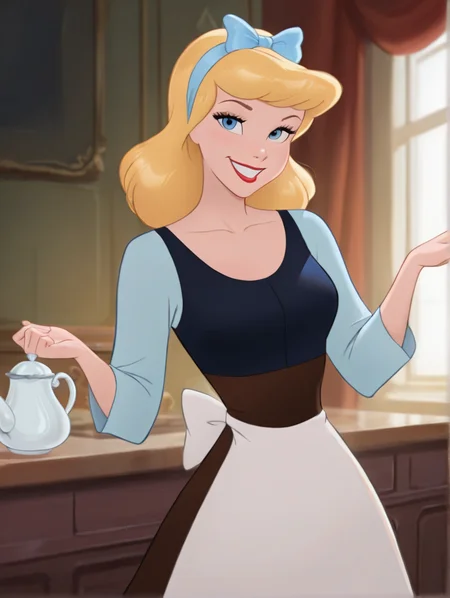 masterpiece, best quality, amazing quality, very aesthetic, absurdres, newest, detailed background, indoors, dynamic angle, 4k, 8k,
cinderellaxd, 1girl, blue eyes, solo, apron, blonde hair, teapot, long sleeves, red lips, waist apron, bow, blue hair bow, shirt, looking at viewer, grin
<lora:Cinderella_-_Disney_Illustrious-000009:1>