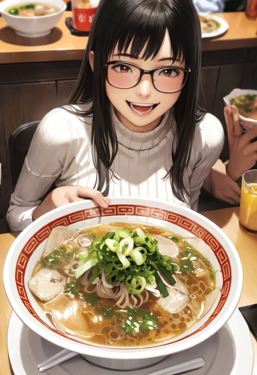 masterpiece, best quality, very aesthetic, absurdres,
1girl, solo, glasses, black hair, long hair, white ribbed sweater, happy, smile, looking at viewer, open mouth, solo focus, sitting, across table, 
moccos_ramen, noodles, food, food focus, bowl, realistic, ramen, still life, spring onion, blurry, soup, close-up, table
 <lora:moccos_ramen_JAPAN_storefront_SDXL_V2:0.8> <lora:col_xl:0.6>