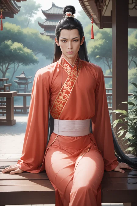 score_9, score_8_up, score_7_up, solo, looking at viewer, wide hips, male focus, very long hair, 1boy, sitting in a wood bench, crossed legs, chinese clothes, gradient dress, black eyes, toned, hair bun, pale skin, long hair, black hair, hair ornament, realistic, <lora:ahliponyv1-000001:0.85>