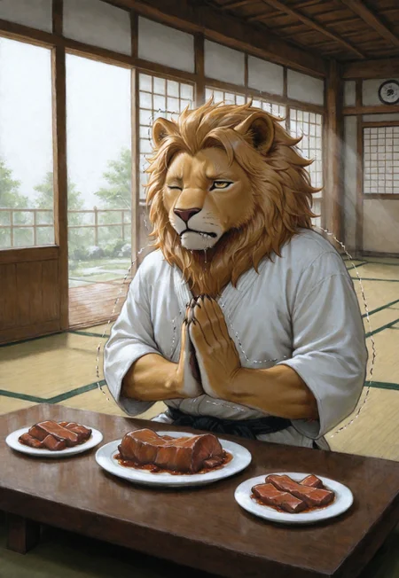 (solo), lukch, painting_\(medium\), no humans, lion,
dougi, cowboy shot, sitting, crossed legs, palms together, one eye open, plate, [meat, food], tatami, trembling, frown, saliva,
dojo, looking outside, backlighting,
traditional media, best quality, absurdres