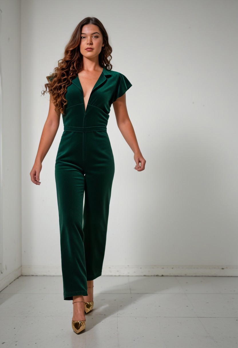 Brunette woman, slim, round ass, long brown wavy hair with dark auburn highlights, medium tits, wearing a dark green corduroy V-Neck Short-sleeved jumpsuit. Walking through the Place de la Concorde in Paris. Stylish, pretty, confident, gold scrappy fashion shoes,